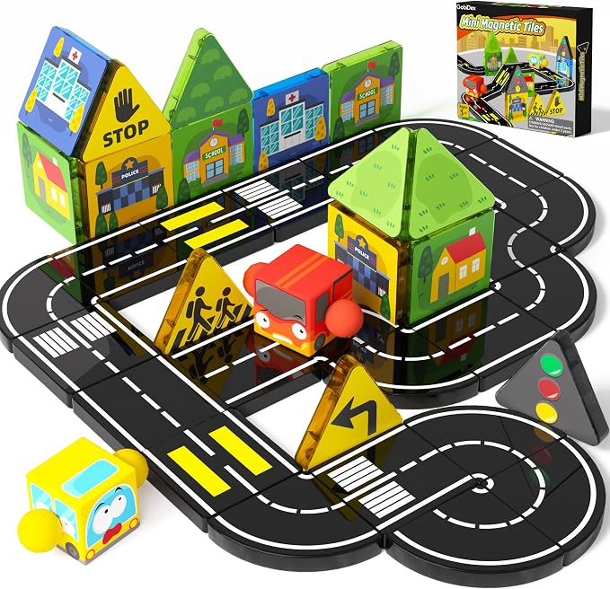 GobiDex Mini Magnetic Tiles Road Set with 2 Cars for Kids Ages 3+ | Travel Magnetic Building Blocks, STEM Educational Sensory Preschool Toys, Birthday Gifts for Boys & Girls Toys Age 4-6 6-8