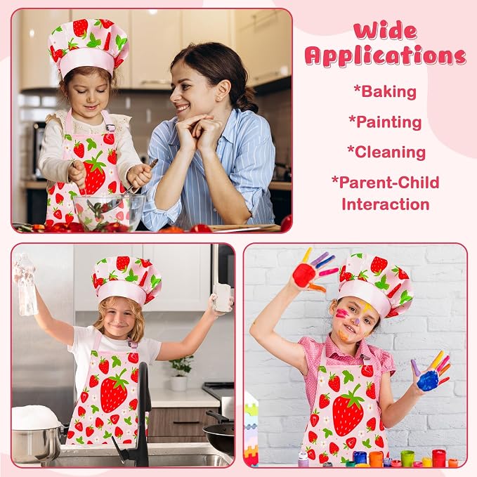 R HORSE 2 Piece Kid Apron and Chef Hat Set, Children Role Play Chef Toy | Strawberry Adjustable Kitchen Toddler Apron for Girls, Cooking Birthday Gift for Kid, Ideal for Cooking, Baking, Painting