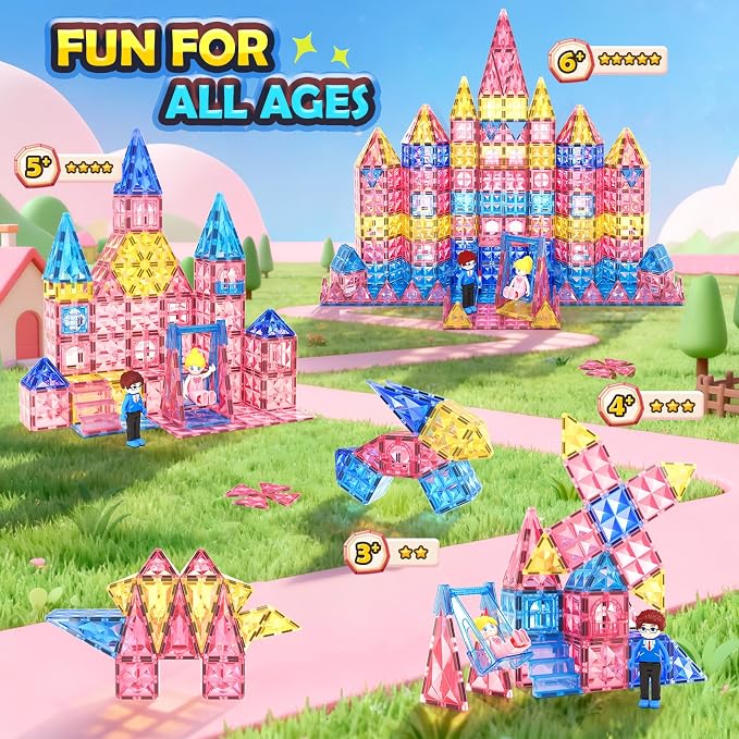 Diamond Magnetic Tiles Magnetic Building Blocks STEM Sensory Toy for Girls | Pink Castle Dollhouse Pretend Princess Toys for 3 4 5 6 Year Old Boys Girls Toys Birthday Xmas Present