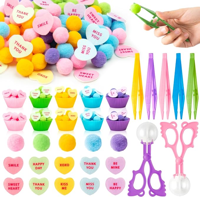 EZdhuawuse Summer Sensory Bin Fillers - 268P Fine Motor Toy Counting Sorting Set for Kid Birthday Easter Gift, Felt Phrases Heart Colorful Pom Poms Cup Clip for Preschool Education Activities