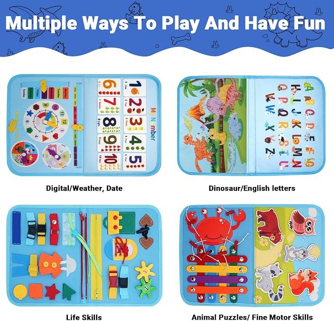 MEGRANATE Montessori Busy Board, Busy Book Educational Learning Toys for Kids Quiet Book Activity Books Fine Motor Skills Toys for 3+ Year Old Kids (Blue)