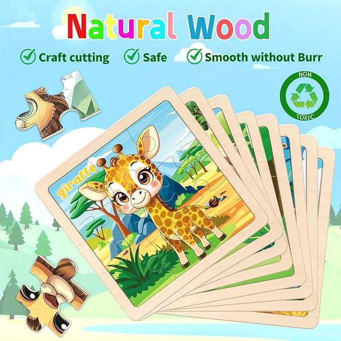 Wooden Animals Puzzles for Toddlers, 8 Pack 9 PCS Jigsaw Puzzles for Kids | Wooden Puzzles for Toddlers 3-5, Animal Puzzles for Kids 3-5, Preschool Puzzles Learning Educational Sets Toys