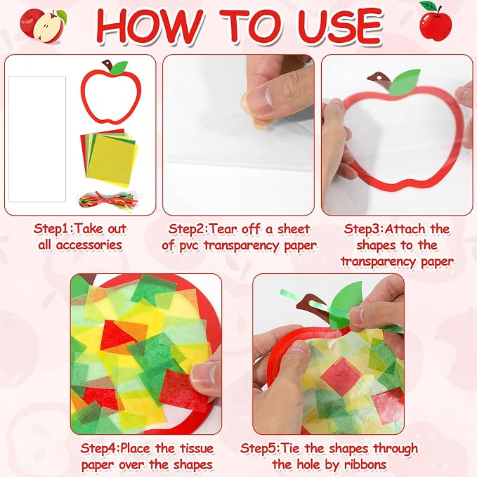 Qyeahkj 36 Set Fall Apple Suncatchers Crafts for Kids DIY Autumn Window Tissue Paper Craft Kit Hanging Decor for Back to School Home Activity Art Project Birthday Party Favor Gift