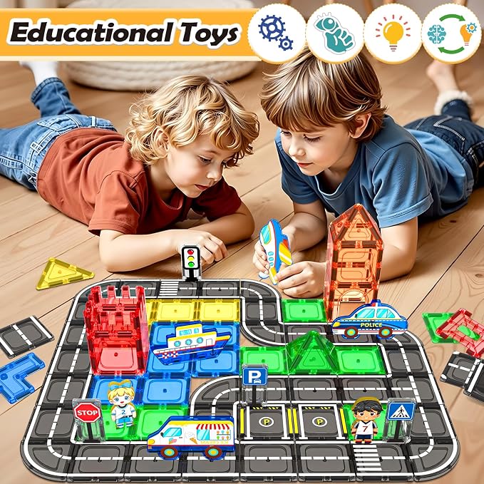 104 PCS Magnetic Tiles Road Set, STEM Magnet Toys Gift for 3+ Year Old Boys | Construction Toys for Kids Ages 3-5 5-7 4-8, Magnet Building Blocks for Toddler, Christmas Birthday Gifts for Boys Girls