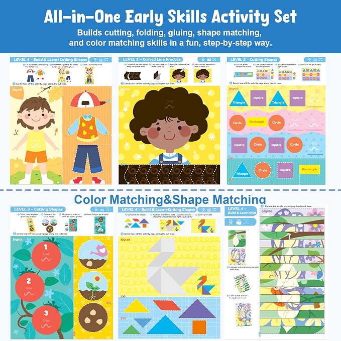 JoyCat Scissor Skills Activity Kit, Toddler Scissors Ages 3-5, Learning | Preschool workbook with 34 learning activities, scissors for kids and glue for cutting practice and toddler crafts.