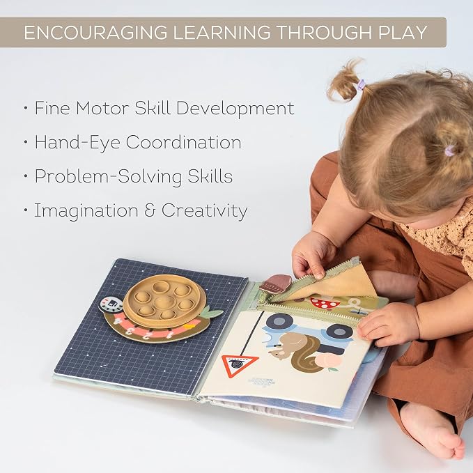 Taf Toys Busy Book for Toddlers 1-3 Textures, Crinkle Fabrics & Movable Cars - Montessori Busy Board - Activity Book Learning Quiet Activity Books Gifts Toddler Travel Toys for One Year Old