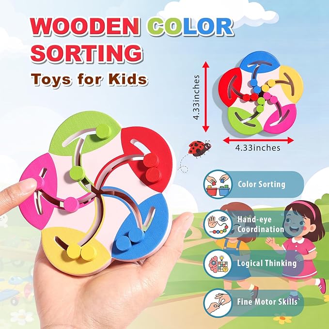 Wooden Montessori Toys for 2 3 4 5 Year Old | Color Sorting Bead Maze Board, Fine Motor Skills Preschool Learning Activities, Travel Game for Toddlers