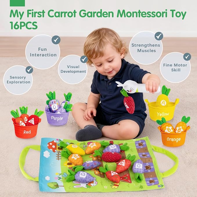 Montessori Toys for 1 Year Old, My First Carrot Garden Baby Toy with Color Sorting, Crinkle & Rattle, Fine Motor Skills, Educational Sensory Toys for 1 2 3 Year Old Boy Girl Gifts Birthday