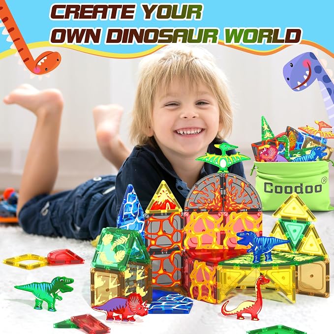102PCS Dinosaur Toys Magnetic Tiles with 8 Dinosaurs - Jurassic Scenes Toys | Dinosaur World Adventure Set, Magnetic Blocks Kids Toys for Boys & Girls Ages 3+, Sensory Toddler Creative Kids Games Gifts
