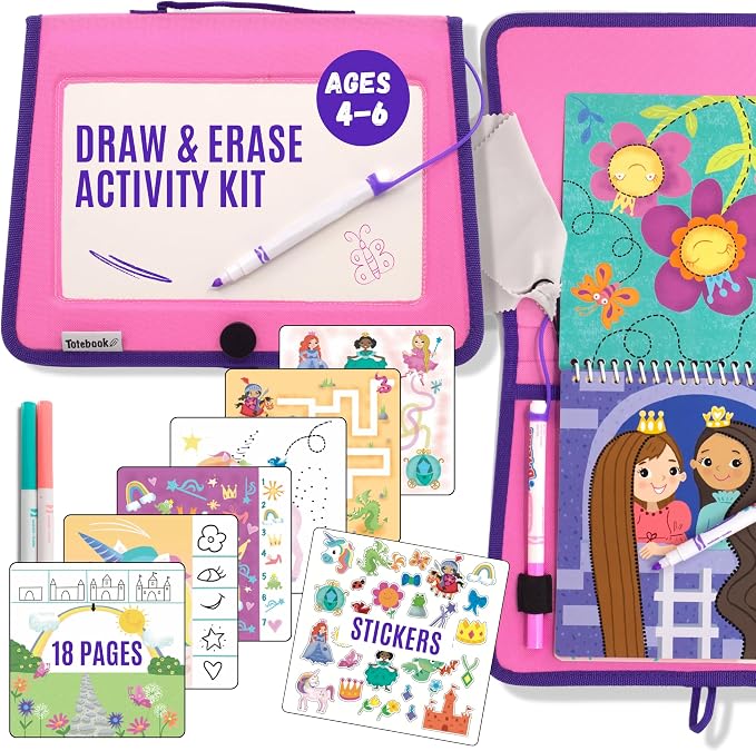 Totebook Kids Travel Activity Kit with Tethered Dry Erase Markers - Mess Free Car & Plane Activities for Toddlers Ages 4-6, Reusable Stickers, Mazes, Search and Find (Princess Theme)