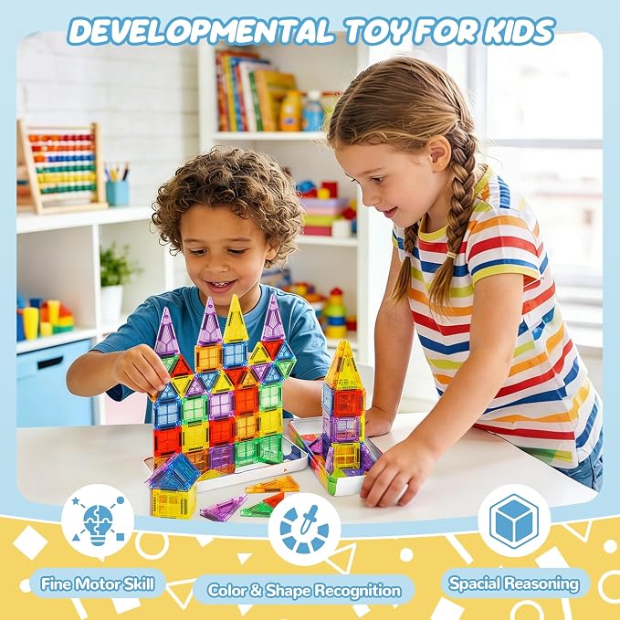 cossy Mini Magnetic Tiles, 80 PCS Magnet Tiles Travel Toys with Iron Box, Travel Magnetic Tiles for Restaurant, Car & Plane Play, Toys for 3 4 5 6 7 8 Year Old Boy and Girl