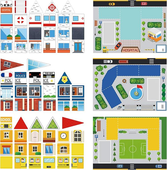 PicassoTiles 80pc School, Hospital, Police Station 3-in-1 Theme Magnet Self Adhesive Backing Stick-On Puzzle Graphic Kit and Overlay Maps for Magnetic Building Blocks STEM Learning Construction Toy