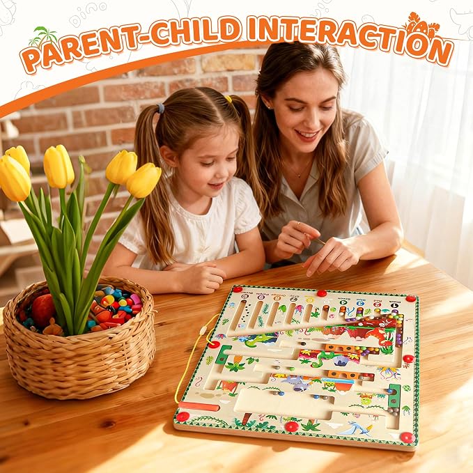 Magnetic Maze for Toddlers 3+, Dinosaur | Color and Number Maze, Montessori Wooden Color Sorting & Counting Board, Fine Motor Skills Preschool Learning Toy