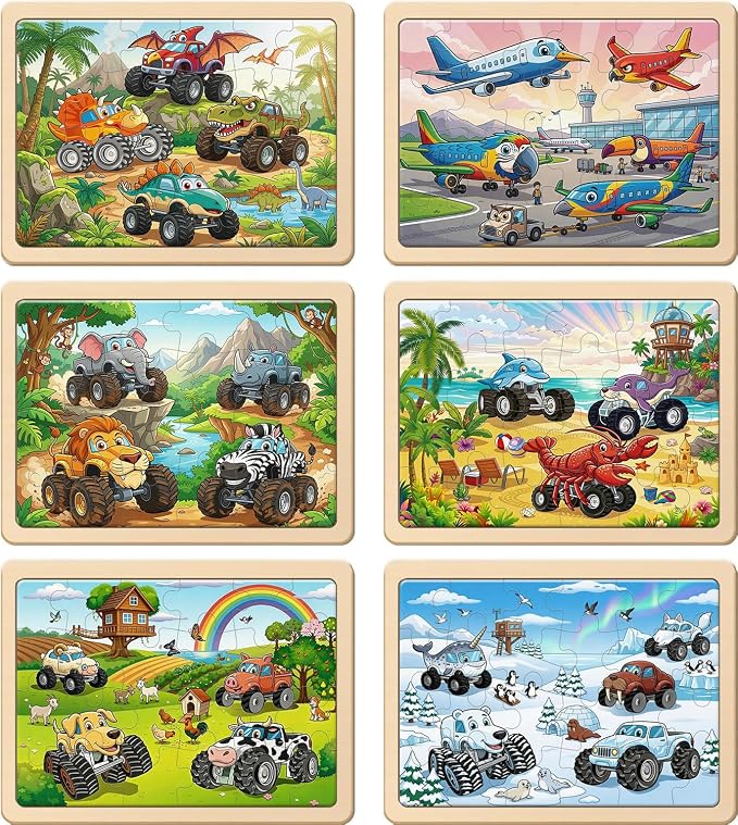Puzzles for Kids Ages 3-5, 6 Pack Monster Truck Wooden Puzzles 24 Piece | Educational Toddler Toys, Birthday Gifts for Boys Girls