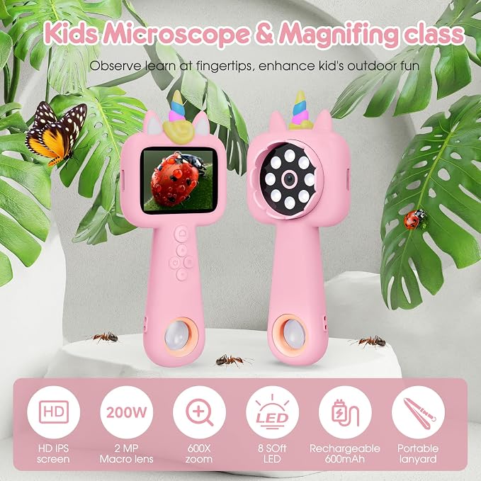 Magnifying, 2.4" Microscope for Kids, 600X-4800X Handheld Digital Miniscope, Portable Pocket Magnification Microscope Photo & Video | Education Toys for Age 3 4 5 6 7 8 9 10 Girls Boys