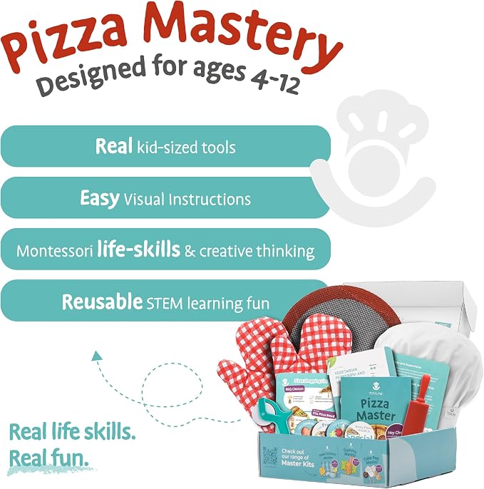 Kids Pizza Making Kit | Real Reusable Chef Tools | Ages 5-12 | Silicone Baking Mat Rolling Pin Pizza Cutter | Oven Mitts Chef Hat | 7 Visual Recipe Cards | Family Fun Birthday Gift