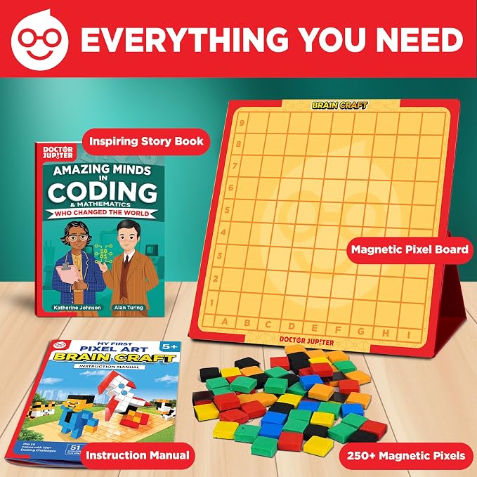 Doctor Jupiter My First STEM Pixel Art Kit for Kids Ages 5+ | 100+ Coding Challenges, Birthday Gift for Boys & Girls Ages 5,6,7, Montessori Educational Math Toy