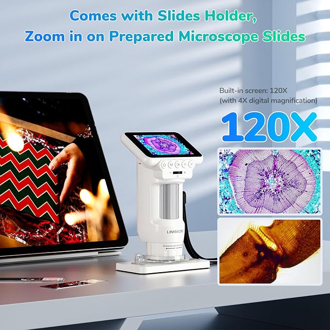 LM013 Digital Microscope with 2.8" Screen for Kids Adults, Anti-Shake Portable USB Coin Magnifier 120X with 8 LED Lights, 1080P Video, Prepared Slides, PC View