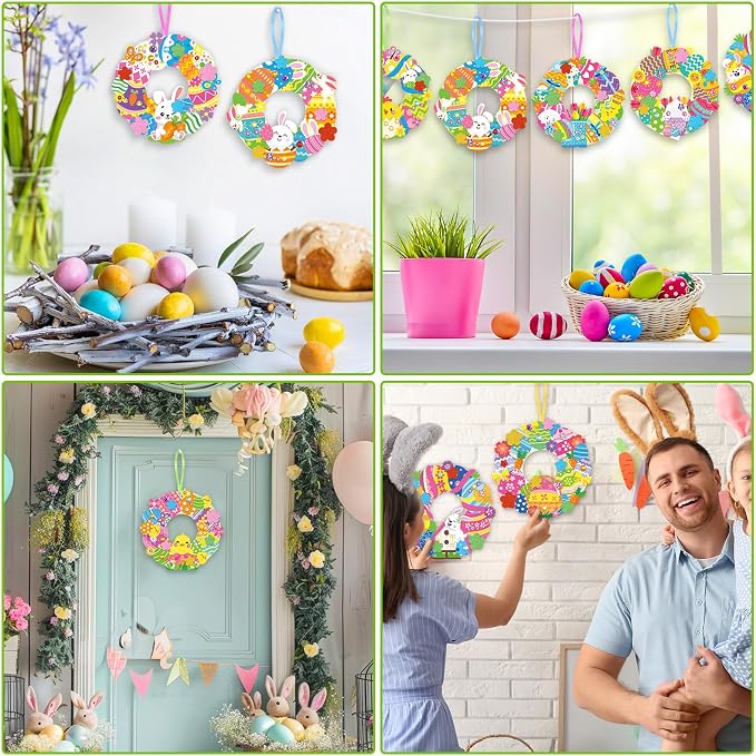 Hollowfly 48 Sets Easter Wreath Craft Kits, 8 Paper Designs with Stickers | Chick, Egg and Floral Themes, 5.9 in Hanging Ornaments, Sticker Crafts for Home Activities and Easter Parties