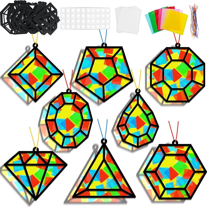 Lonfliness 32Sets Jewel Suncatchers Ornaments Kit DIY Window Stained Glass Effect Paper for Sun Catchers Craft Home Decor Creative Art Projects Activity Birthday Gift