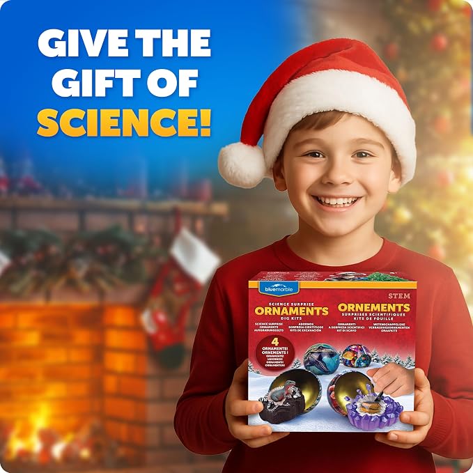 Blue Marble Christmas Ornament Dig Kit with 4 Science Surprises for Kids | 4 Dig Kit Ornaments, Gemstone and Dinosaur Dig Bricks, Excavation Activity, Christmas Craft, Stocking Stuffers