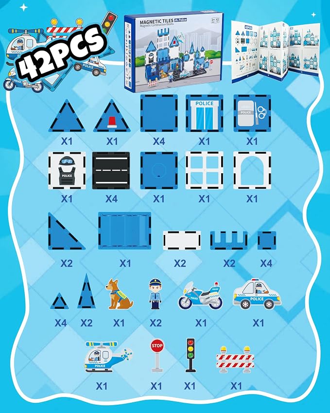Large Magnetic Tiles for Kids, STEM Toys Building Set, Age 3+,42 Piece | Police Magnetic Tiles Building Blocks with City Scene Pieces, Police Officer Elements, Ideal Gift for Boys and Girls