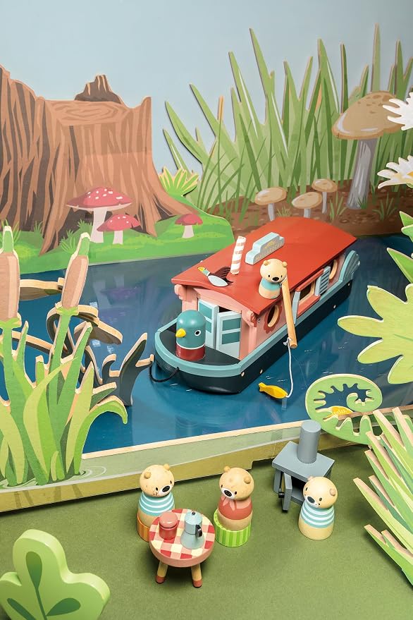 Tender Leaf Toys - Little Otter Canal Boat - 23 Pcs Furnished Wooden Boat Toy with Removeable Roof and Animal Figures - Gender-Neutral Open-Ended Play Set for Story Telling - Age 3 +