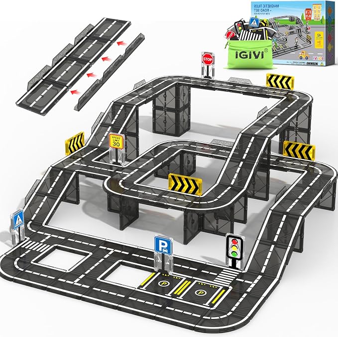 Magnetic Tiles Road with Bridge Clamp, STEM Magnetic Building Blocks for Kids, Educational Montessori Sensory Toys for Kids Ages 3-5 4-8 5-7, Gift for 3+ Year Old Boys Girls