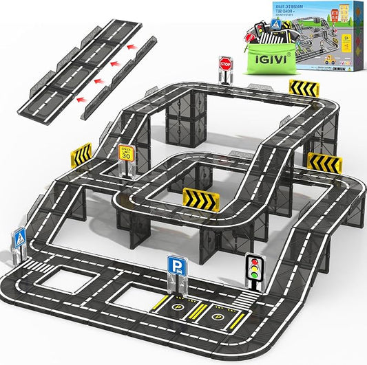 Magnetic Tiles Road with Bridge Clamp, STEM Magnetic Building Blocks for Kids, Educational Montessori Sensory Toys for Kids Ages 3-5 4-8 5-7, Gift for 3+ Year Old Boys Girls