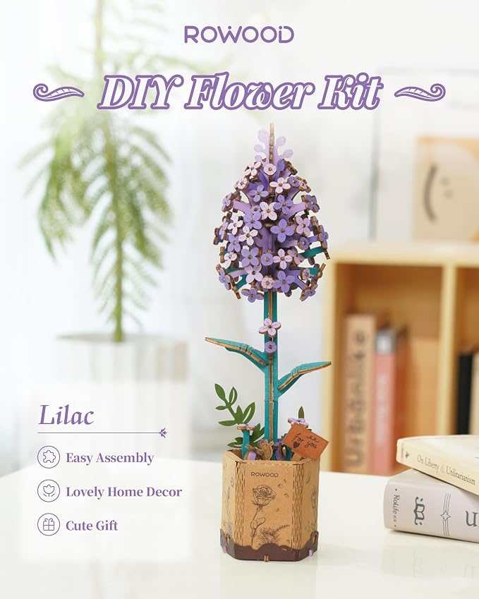 rowood 3D Puzzles for Adults,Mother's Day Wooden Artifical Flower Craft Kit,DIY Botanical Collection Building Toy Set,Valentine's Day/Thanksgiving Day/Christmas/Birthday Gift -Lilac