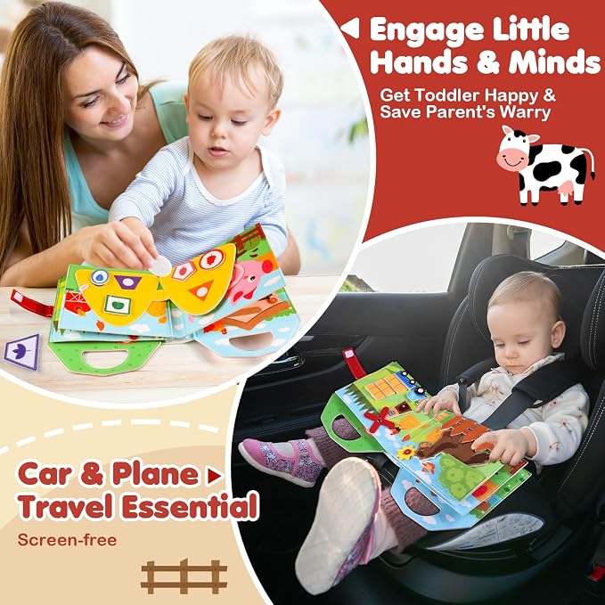 Busy Board for Toddler, Montessori Toys Farm Animals Busy Book for 2-4 Year Old Boy Girl, Quiet Activity Books Gift for Kid, Felt Busy Learning Toy for Toddlers, Car Airplane Travel Toys