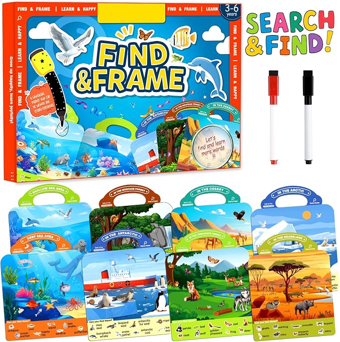 Search and Find Books for Kids 3-5, Reusable Preschool Learning Activities, Perfect Road Trip Car Airplane Games, Educational Toys, Busy Books for 3 4 5 6 Year Old Boys Girl Christmas Birthday Gifts