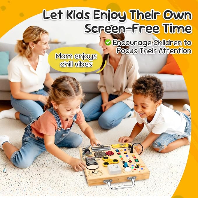 Montessori Busy Board for Toddlers, Sensory Activity & LED Lights Switches | Wooden Busy Board with Music Boxes & Locks & 17 LED Lights, Travel Educational Toy, Birthday Gift for Boys & Girls