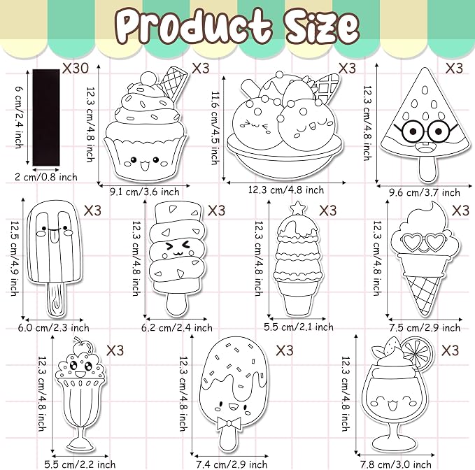 30Pcs Summer Ice Cream Coloring Magnets Arts Crafts Kits for Kids | Ice Cream Blank DIY Coloring Magnets for Summer Holiday Party Fridge Whiteboard School Classroom Activities Decors