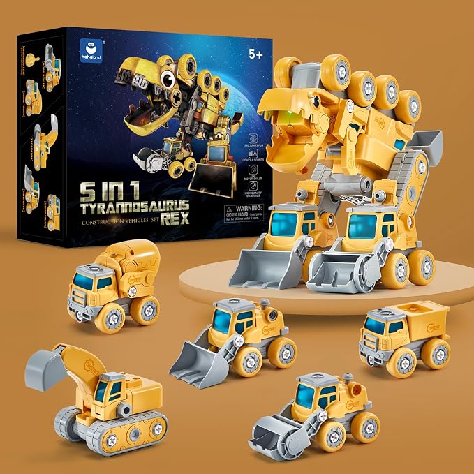 hahaland Toys for 5+ Year Old Boys - Take Apart Dinosaur Kids Toys Construction Vehicles 5 in 1 Transform into Dinosaur Robot STEM Building Toy for 5 6 7 8 Year Old Boys | 5 in 1 Transformer Toys Take Apart Dinosaur Kids Toys for 5+ Year Old Boys