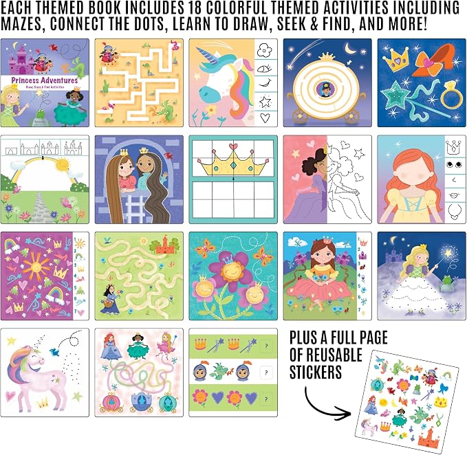 Totebook Kids Travel Activity Kit with Tethered Dry Erase Markers - Mess Free Car & Plane Activities for Toddlers Ages 4-6, Reusable Stickers, Mazes, Search and Find (Princess Theme)