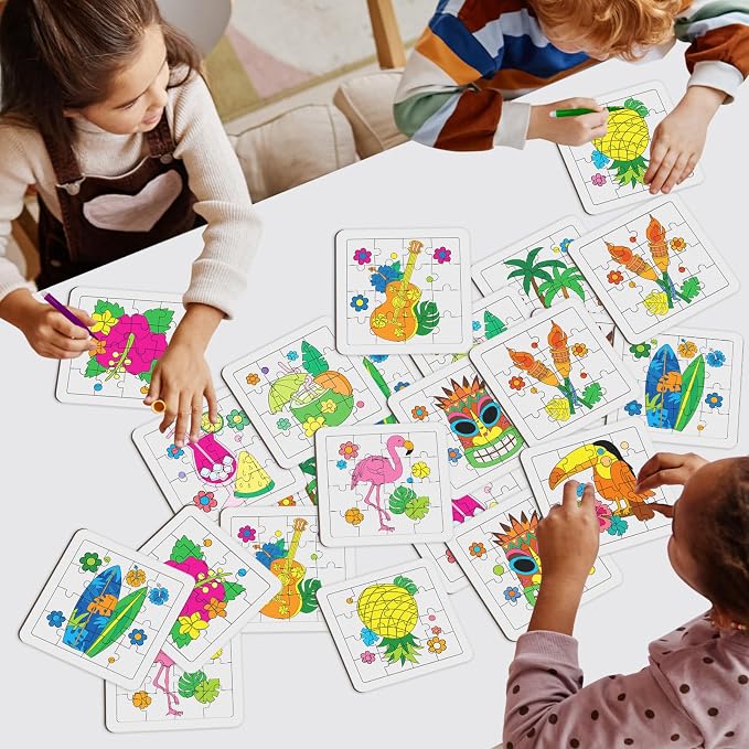 Cinrobiye 24 Pcs Hawaiian Luau Coloring Puzzle Craft Kit for Kids, DIY Aloha Tropical Jigsaw Puzzles Bulk with 12 Designs, Summer Beach Party Favors, Classroom Crafts, Birthday Rewards
