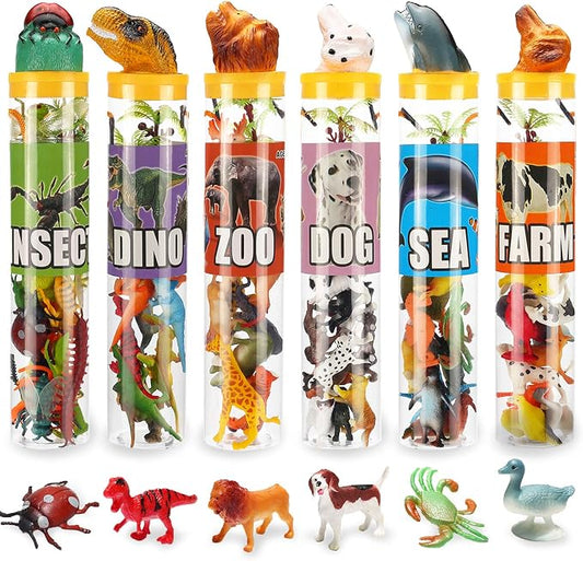 82 Pack Assorted Mini Animal Figures, Small Animals Toys for Sensory Bin | 6 Tubes Plastic Animals with Realistic Farm, Dinosaur, Insect, Ocean Sea, Zoo and Dog Figures as Cupcake Topper Party Favor
