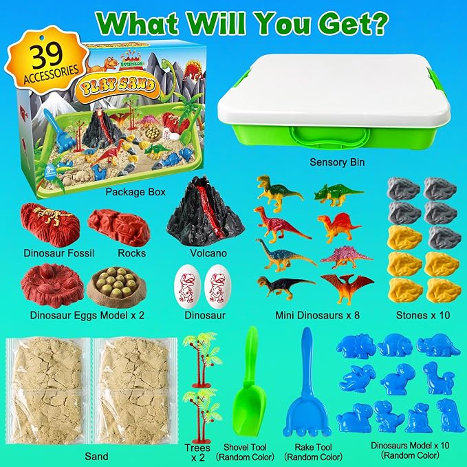 Sensory Bin Dinosaurs Kit with Sensory Sand | Play Sand, Pretend Play Beach Toy, Sandbox for Girls and Boys