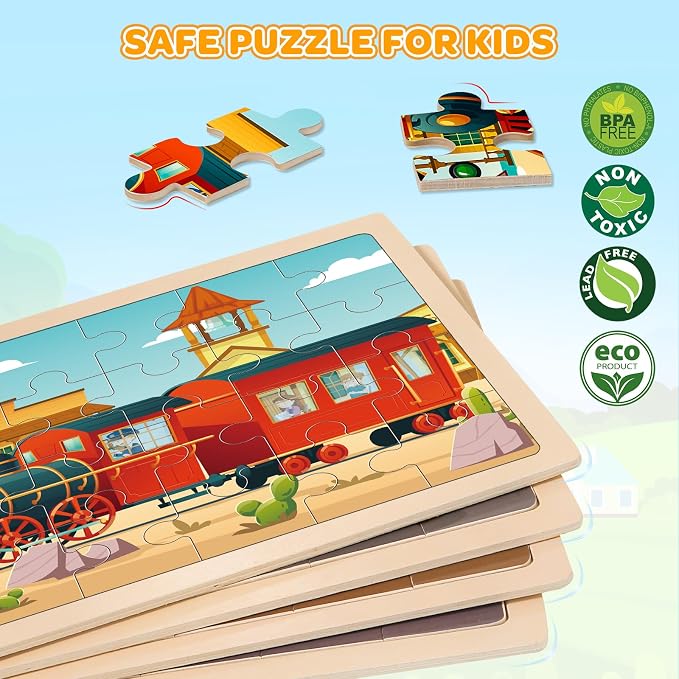 4-Pack Wooden Puzzles for Kids Ages 3-5, 24-Piece Construction Vehicle Set | Toddler Puzzles Ages 3-5, Preschool Puzzles with Wooden Jigsaw Boards for Fine Motor Skills, Shape Recognition and Travel