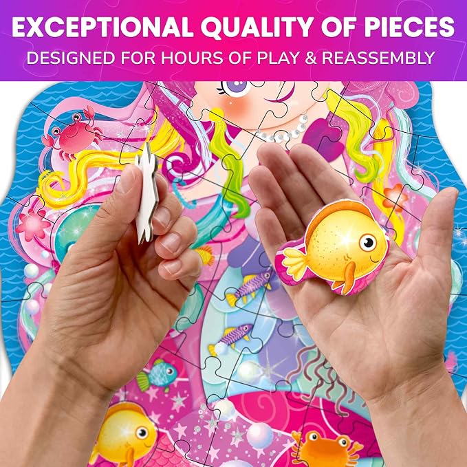 48 Piece Puzzles for Kids Ages 4-6 - 4 Jigsaw Kids Puzzles Ages 3-5 | Shimmery Princess, Mermaid, Butterfly and Unicorn Shaped Children's Game - Puzzles for Kids Ages 5-8 - Educational Toy Gift