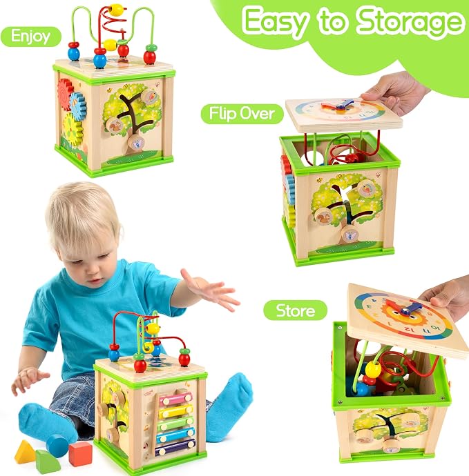 WOODMAM Wooden 7-in-1 Activity Cube, Montessori Toys for 1 2 Year Old | Educational Developmental Toys, One Year Old Boy Girl Birthday Gifts, Bead Maze, Xylophone, Sorting & Stacking Board