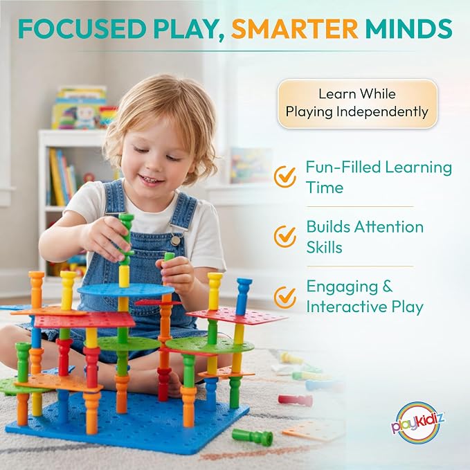 Play Build Kids Peg Board Building Set 117 Pieces - STEM Construction with Colorful Pegs & Shapes, Fine Motor Skills Learning Toy, Montessori Toddler Building Toys for Boys & Girls Age 3+
