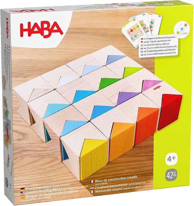 HABA Creative Building Blocks - Colourful Building Set with 32 Wooden Building Blocks & 10 Template Cards - Promotes Creativity, Spatial Thinking & Fine Motor Skills - From 4 Years - 2012606001