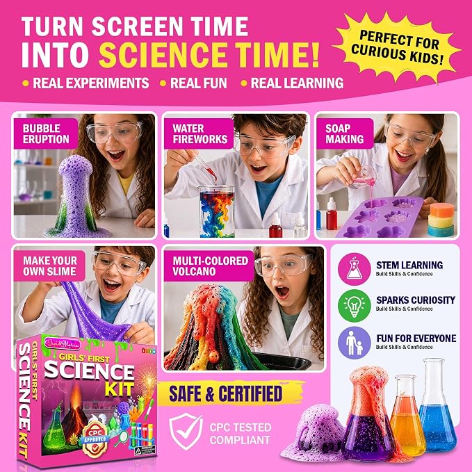 Jim&Gloria Science Kit for Kids, Science Experiments for Kids Ages 5-7 & 8-12, STEM Educational Toy, Chemistry Set with Volcano Experiments, Birthday Gift for Boys & Girls, Hands-On Learning Activity