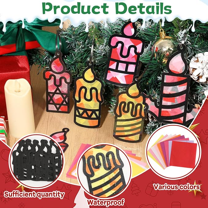 Qyeahkj 36 Set Winter Christmas Candle Suncatchers Crafts Kit Xmas Religion DIY Colorful Window Tissue Paper Craft Christian Holiday Hanging Ornaments Window Art Decor for Christmas Winter Home Gift