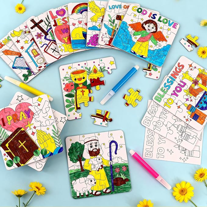 24 Sets Christian Sunday School Crafts for Kids Bulk, Religious VBS Craft Puzzle Activities Bible Jesus Loves DIY Arts Jigsaw for Classroom gifts, Back to School Party Favors, Coloring Games Supplies