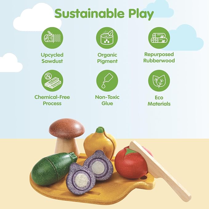 PlanToys® Wooden Assorted Vegetable Set Montessori Play Food for Toddlers | tomato, mushroom, shallot, pepper, cucumber, fruits and vegetables toys, girls, boys, fine motor role play social gift set