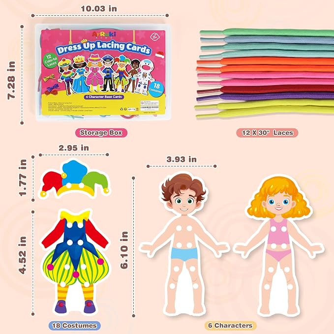 18PCS Dress Up Lacing Card | Girl Montessori Toys Sewing Kits for Kids | Fine Motor Skills Toy for Preschool, Learning Activities Kindergarten Toys,Classroom Supplies