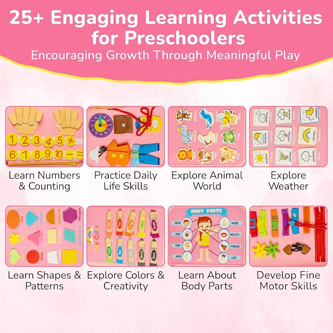 Solens Busy Book for Toddlers, Montessori Busy Board with 25+ Activities on 8 Pages and 3D Assorted Puzzles, Felt Activity Book with Numbers, Colors, Daily Life and Fine Motor Learning, Pink (Pink)